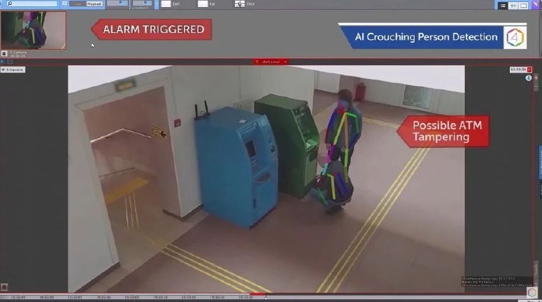 AxxonSoft analytics flagging a crouching person near an ATM in the operator console